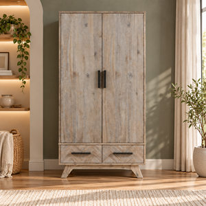 Acacia Solid Wood <b>Wardrobe</b> 2 Doors 2 Drawers Minimalist Bedroom Storage Furniture Cabinet With Custom OEM ODM Wholesale - Product Image 1