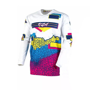 Ensemble de vêtements de motocross pour hommes en gros, maillot et pantalon MX, tenue de course tout-terrain à motif géométrique bleu, jaune, rose, logo USA, OEM - Product Image 2