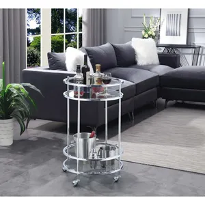 Chariot de bar roulant à 2 niveaux en métal argenté rond de 20 pouces avec étagères en verre et roulettes pour la cuisine, la salle à manger, le service de boissons - Product Image 2