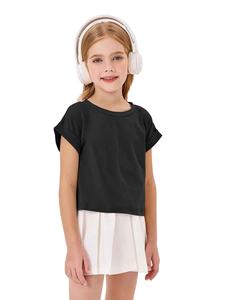 Camisetas de Manga Corta para Niñas, Top Corto con Mangas Enrolladas, Cuello Redondo, Sólido, Holgado, Básico, para Verano - Product Image 2