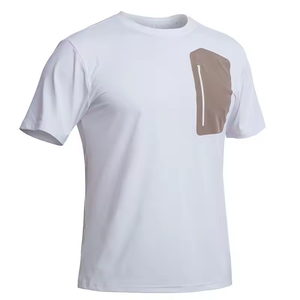 Camiseta Blanca de Manga Corta con Cuello Redondo para Hombre, con Bolsillo Frontal con Cremallera Marrón, Tejido de Punto, Poliéster Transpirable, Diseño Casual - Product Image 1