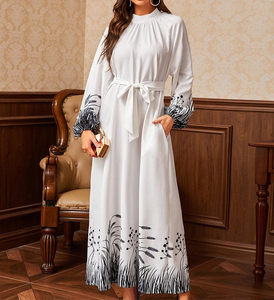 Robe longue pour femme à col montant, manches longues, ceinturée, avec poignets et ourlet à imprimé botanique, pour occasions décontractées ou de fête - Product Image 1