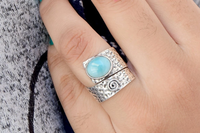 Bague ajustable classique en larimar, argent sterling 925, pierre précieuse ovale sertie clos, pour mariage, fiançailles, anniversaire
