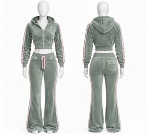 Ensemble de survêtement décontracté pour femme en polaire verte à imprimé léopard, 100 % polyester, haut zippé et pantalon évasé pour l'automne - Product Image 6