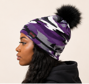 New Customize Logo Jacquard Purple <b>Camo</b> Pom Beanie Camouflage Winter Hat Furry Pom Pom <b>Camo</b> <b>Cap</b> Cuff Logo Winter Hat - Product Image 3