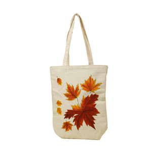 Sac fourre-tout en toile de jute blanc cassé avec feuille d'érable peinte à la main, écologique, pour femme, décontracté, sac à bandoulière pour le shopping, vente en gros - Product Image 4