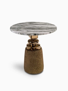 Cortes Modern <b>Side</b> <b>Table</b> Nella Vetrina Antique Gold Finish <b>Marble</b> <b>Top</b> Brass Detail Upholstered Base Luxury Designer Accent <b>Table</b> - Product Image 2