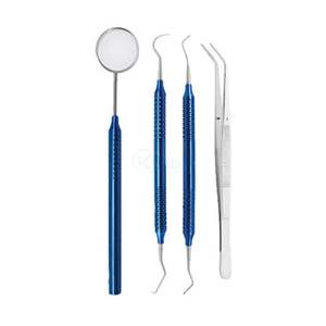 Kit dentaire ergonomique en acier inoxydable avec poignée en silicone bleu, 3 pièces (miroir, sonde, pincettes) pour usage clinique, service OEM - Product Image 1