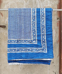 Handmade Blue Striped Cotton <b>Quilted</b> <b>Throw</b> With Floral Border Traditional Indian Home Decor All-Season Use - Product Image 1