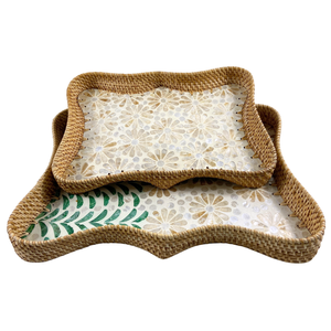 Plateau en rotin ondulé fait à la main, élégant, vintage, rustique, de haute qualité, avec incrustation florale en capiz, plateau de service décoratif en MDF, motif géométrique - Product Image 5