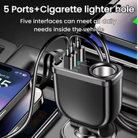 Pengisi Daya Mobil 90W 6 in 1 Kabel Type-C 70cm yang Dapat Ditarik 180 °   Pemisah Pemantik Rokok LED Pengukur Tegangan dengan Pengisian Cepat PD yang Dapat Disesuaikan