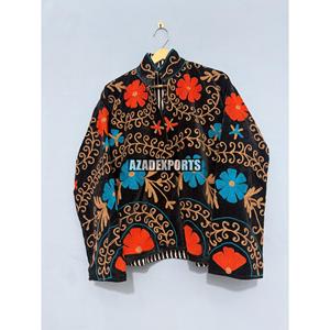 <b>Black</b> Embroidered <b>Velvet</b> Woven Safari Pullover <b>Jacket</b> Women Suzani Floral Stand Collar Full Sleeve Cotton Lining Autumn/Winter - Product Image 4