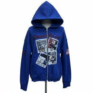 Sweat à capuche zippé oversize pour homme, style streetwear urbain, en molleton bleu roi avec patchwork graphique personnalisé et strass - Product Image 1
