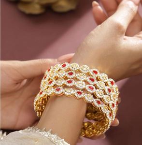 Gold Plated Brass Bangles Flower Pattern Crystal Emerald Cut Women's Wedding Party Jewelry Claw Setting Third Party Certified - Product Image 3