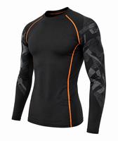 Rashguard pour homme à manches longues, col rond, noir avec bordure orange, imprimé géométrique, écologique, anti-UV, séchage rapide, en Spandex et Polyester, pour activités de plein air