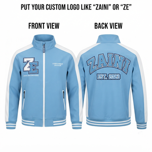 Chaqueta Softshell de Poliéster Premium de 220 GSM, Cuello Alto, Azul Cielo con Paneles Blancos en Contraste, Apliques Bordados Personalizados en la Parte Delantera, Estilo Casual - Product Image 1