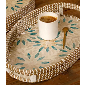 Plateau en rotin avec décoration en nacre, design ovale, plateaux de rangement de qualité supérieure, plateau à fruits créatif - Product Image 3