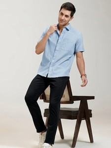 Camisa Casual de Popelina de Algodón de Manga Corta Azul Claro para Hombre, Cuello Camisero, Color Sólido, Transpirable, para Verano - Product Image 2
