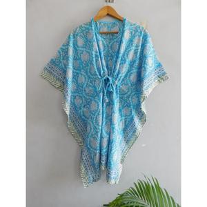 Vestido Kaftán Bohemio de Algodón, Hecho a Mano con Estampado de Bloques, Túnica Holgada para la Playa, Ropa para Vacaciones de Verano - Product Image 1