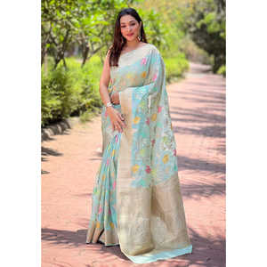 Sari de organza tejido con diseño floral Meenakari azul cielo y bordado Zari de Elite Weaves, ideal para la noche. - Product Image 3