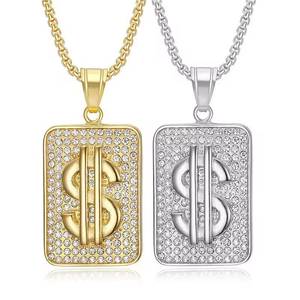 Collier pendentif signe dollar pour homme, plaqué or, chaîne en argent, style hip-hop, bijou avec breloque diamant rond - Product Image 1