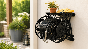 Enrouleur de tuyau d'arrosage mural en aluminium de 125 pieds, support décoratif en métal pour tuyau d'eau avec étagère pour patio extérieur et jardin GAPGAR040 - Product Image 2