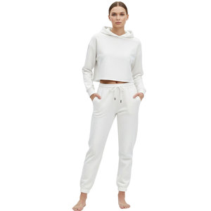 Conjunto de Sudadera Corta con Capucha Blanca y Pantalones Deportivos para Mujer, Color Sólido, Manga Larga, con Cordón, Ropa Deportiva Informal para Otoño - Product Image 1