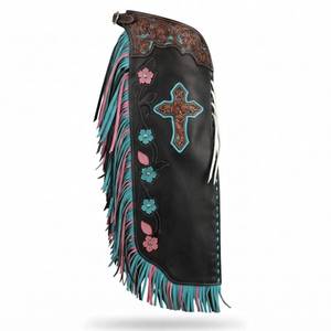 Chaps de Rodeo en Cuir Faits Main avec Broderie Croisée et Franges Rose et Bleues – Tenue de Cowgirl pour Femme - Product Image 1