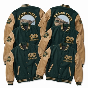 Chaqueta universitaria al por mayor, azul marino, cuerpo de lana, mangas de cuero marrón óxido, bordado de letras 'Wooden Hull Guild Shipwright Adze' - Product Image 4