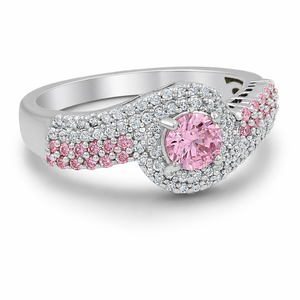 Bague de fiançailles en argent sterling 925 avec halo de zircon rose taille ronde et bande torsadée, bijoux de mariage pour femme - Product Image 2