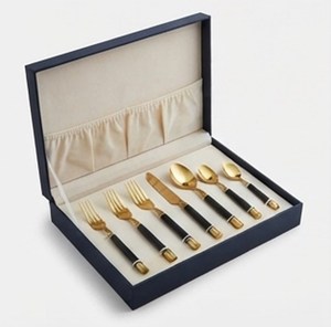 Ensemble de couverts de luxe modernes en or avec poignées noires, compatibles lave-vaisselle, pour les tables de mariage - Product Image 6