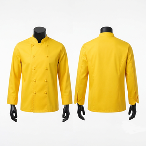 เสื้อเชฟสีเหลืองผ้าโพลีคอตตอนทวิล 220 GSM พรีเมียม กระดุมสองแถว สกรีนโลโก้ได้ตามสั่ง แบบยูนิเซ็กส์ แขนสั้น สำหรับร้านอาหาร - Product Image 1