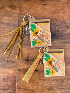 Nouvel arrivage d'étuis porte-cartes ATM en cuir véritable fleuri élégant et mignon petit porte-cartes à pompons de la mode occidentale avec porte-clés - Product Image 4