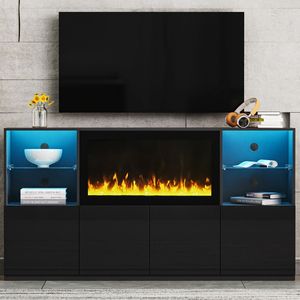 Meuble TV moderne TREND avec foyer électrique LED 34,2 pouces, finition brillante, sans chauffage, console multimédia - Product Image 2
