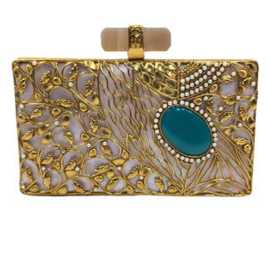 Pochette indienne artisanale en nacre avec centre en agate verte et filigrane en laiton – Sac de soirée de luxe pour mariage - Product Image 1