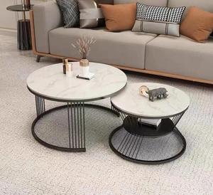 Modern Round <b>Marble</b> Top <b>Coffee</b> <b>Table</b> <b>Set</b> With Black Metal Base For Living Room Indoor Decor - Product Image 2