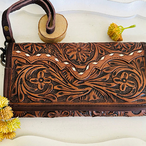 Women's Carry Multi Credit Card Holder <b>Wallet</b> Wristlet Zipper 100% Genuine Leather <b>RFID</b> <b>Blocking</b> Florals Carved Hand <b>Wallet</b> New - Product Image 1