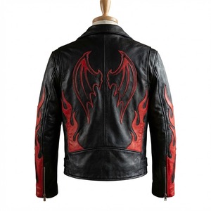 Chaqueta de Motociclista de Cuero Negra para Hombre, Resistente al Viento, con Bordado de Alas de Murciélago y Llamas Rojas, Estilo Punk Rock Gótico, Personalizada, Vintage - Product Image 2