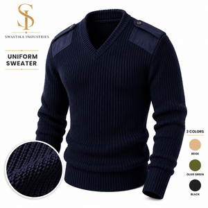 Winter Olive Green Men's Tactical Pullover Sweater Button Detail Breathable Wool/Acrylic Fabric Elbow <b>Pads</b> Shoulder Epaulets - Product Image 1