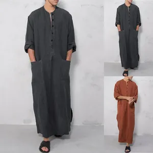 เสื้อคลุมผู้ชายผ้าลินินกันยับ ทรงหลวม แขนยาว ความยาวระดับข้อเท้า คอกลม สีพื้น เหมาะสำหรับสวมใส่ละหมาดและในชีวิตประจำวัน - Product Image 6