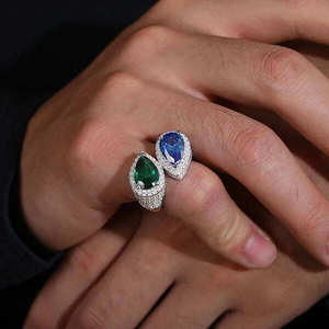 Anillos de diamantes de corte pera en oro blanco para mujer con piedras centrales verdes y azules, diamantes de color fantasía, estilo de lujo, certificado GIA. - Product Image 3