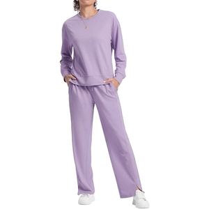 Women's Casual Summer Loose Fit Long Sleeve V-Neck Solid Two-Piece Cotton Polyester <b>Knitting</b> <b>Set</b> XL XXL Sizes - Product Image 2