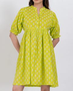 Vestido Mini de Algodón de Primera Calidad para Mujer, con Estampado de Ancla Verde, Mangas Abullonadas, Transpirable y Ligero, Disponible para la Venta - Product Image 4