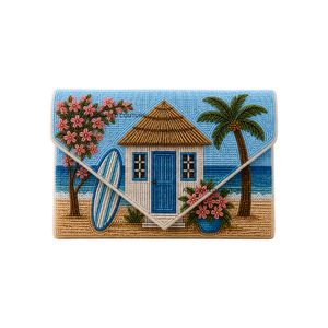 Bolso de mano tipo sobre con cuentas hecho a mano, diseño de palmera y tabla de surf, con temática de cabaña de playa, personalizado, para mujer - Product Image 1