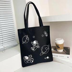 Black <b>Canvas</b> <b>Tote</b> Bag With Cartoon Cat Drinking Coffee Pattern Casual Daily Use Shoulder Handle Medium Size - Product Image 3