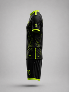 Ensemble d'uniformes de football personnalisés pour hommes, noir et vert fluo, col en V uni, manches courtes, 100 % polyester, respirant et anti-humidité - Product Image 4