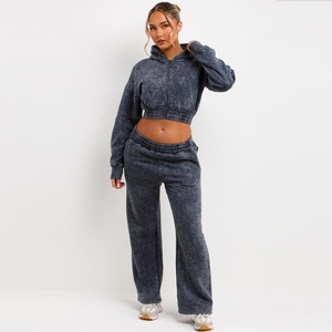 Crop Zip Up Hoodie And Joggers Chándal Set Acid Wash Grey Wide Leg Joggers Disponible en Xs, S, M, L,XL - Product Image 4