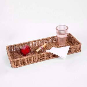 Hand-Woven Rattan Serving Tray with <b>Handles</b> Decorative <b>Wicker</b> <b>Basket</b> Organizer for Breakfast Snacks Home Decor - Product Image 1