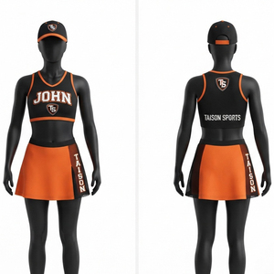 Uniforme de cheerleading pour hommes, polyester et élasthanne de qualité supérieure, 240 GSM, noir et orange, haut court et jupe, logo personnalisé par sublimation, vêtements d'équipe - Product Image 1