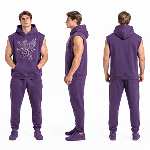 Rhinestone Printed Men <b>Sleeveless</b> <b>Hoodie</b> Front Pocket Pullover <b>Hoodie</b> Heavyweight Cotton Fleece Men Hooded Sweatshirt - Product Image 5
